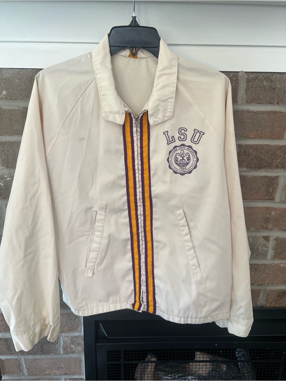 Cream Varsity Jacket with Purple & Gold Stripe Trim